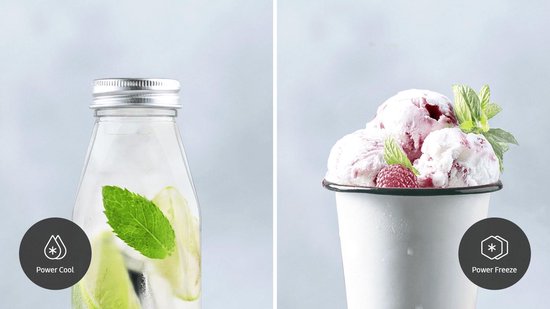 Collage met "Power Cool" drankje met munt en limoen, en "Power Freeze" sorbet met frambozen.