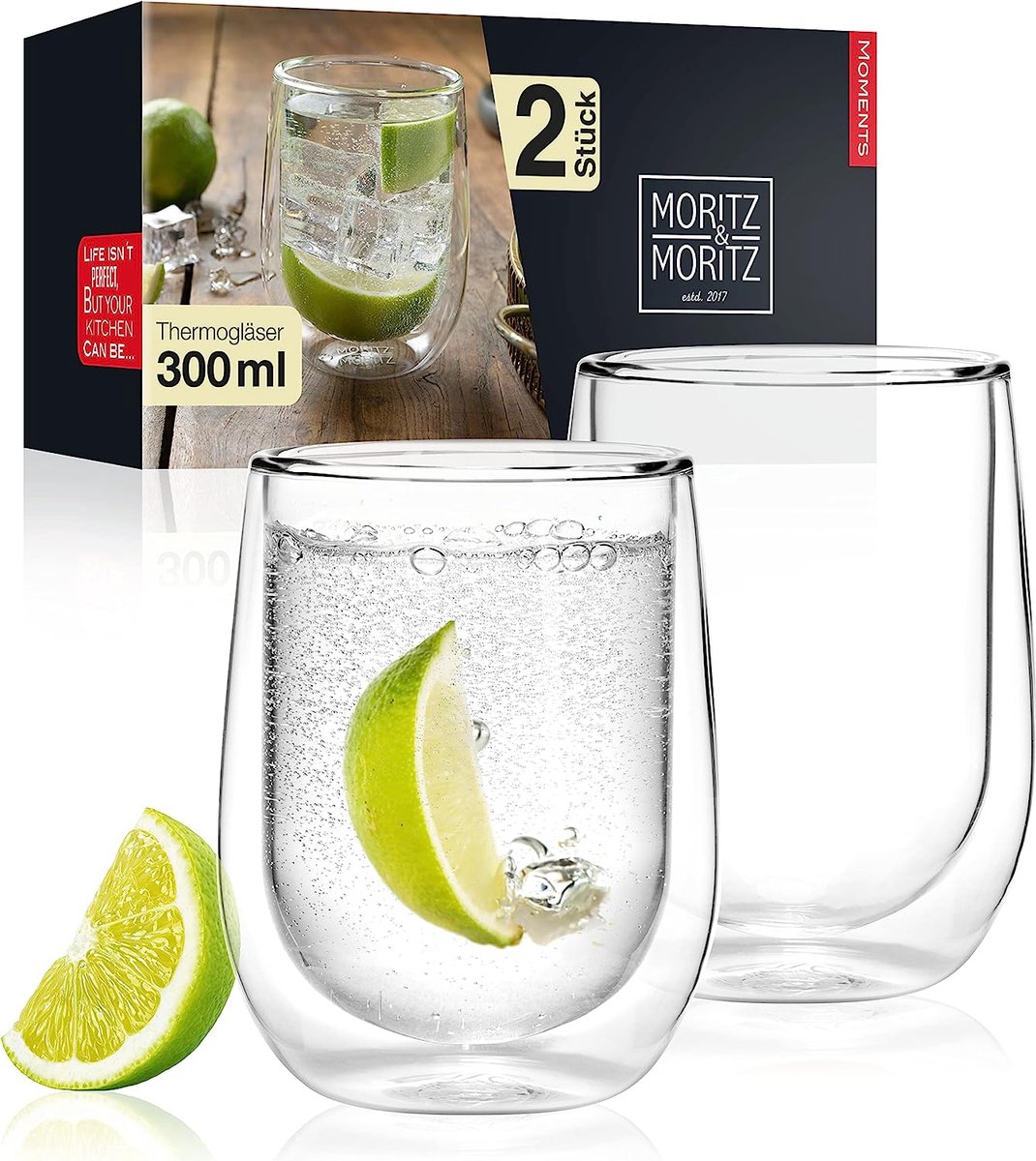 2 x 300 ml drinkglazen set dubbelwandig – dubbelwandige glazen voor cocktails, water, thee, koffie of longdrinks – vaatwasmachinebestendig Moritz & Moritz