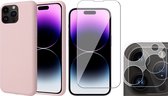 Hoesje geschikt voor iPhone 14 Pro Max - Screenprotector GlassGuard & Camera Lens Screen Protector - Back Cover Case SoftTouch Roze