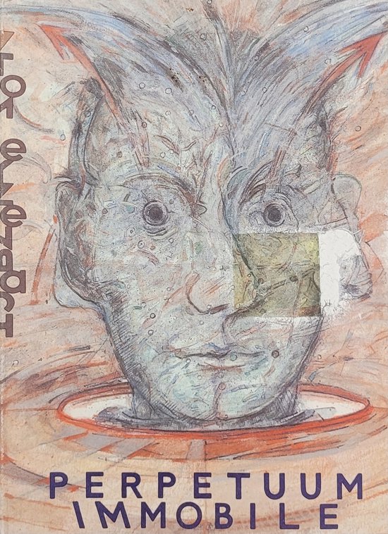 Cover met "PERPETUUM IMMOBILE" in paarse letters. Centraal een blauw-grijs hoofd met rode pijlen die uit het hoofd lijken te komen.