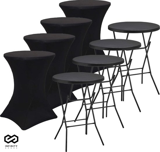 Infinity Goods 4x Table Debout Robuste + 4x Jupe De Table Debout Noire - Table De Fête - Robuste Et Résistant Aux Intempéries - Pliable - 80cm x 110cm - Fête