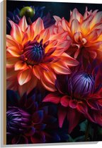 Hout - Boeket van Oranje en Paarse Bloemen - 60x90 cm - 9 mm dik - Foto op Hout (Met Ophangsysteem)