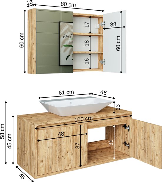 Ensemble Salle De Bain 4 Pièces - Meuble Bas 100cm Avec Lavabo Céramique + Miroir + Armoire | Chêne Blanc