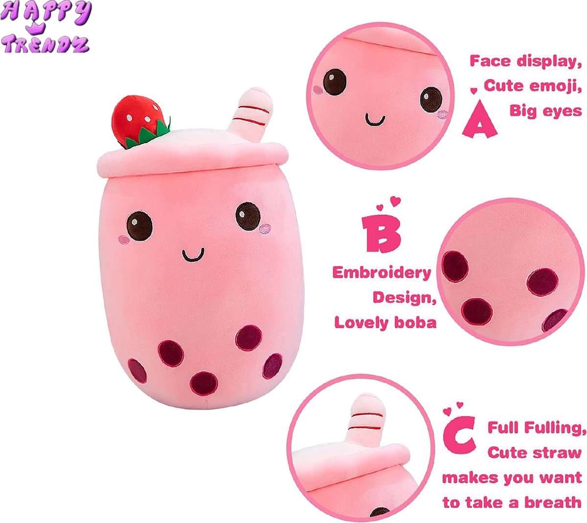 Happy Trendz® - Boba Bubble Tea Aardbei Pluche Knuffel 35 cm {Popping ...