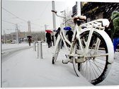 Dibond - Fiets Geparkeerd in Stad tijdens Sneeuwbui - 80x60 cm Foto op Aluminium (Wanddecoratie van metaal)