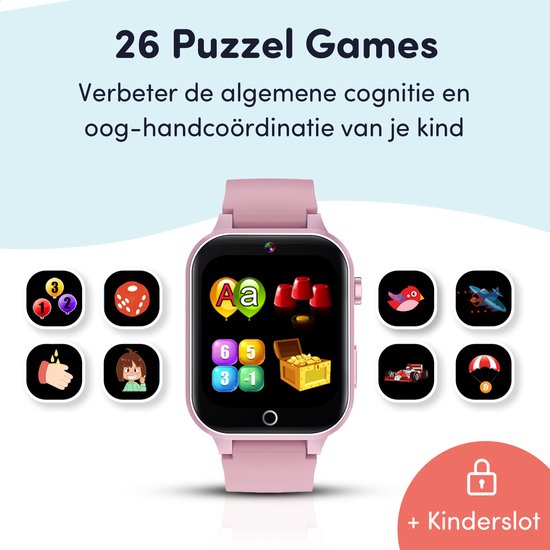 Keebies Smartwatch Kinderen - 5 t/m 12 jaar - Incl. Camera en 26 Kids Spelletjes - 512MB Geheugen - USB Oplaadbaar kinderhorloge - Meisje - Roze - Keebies
