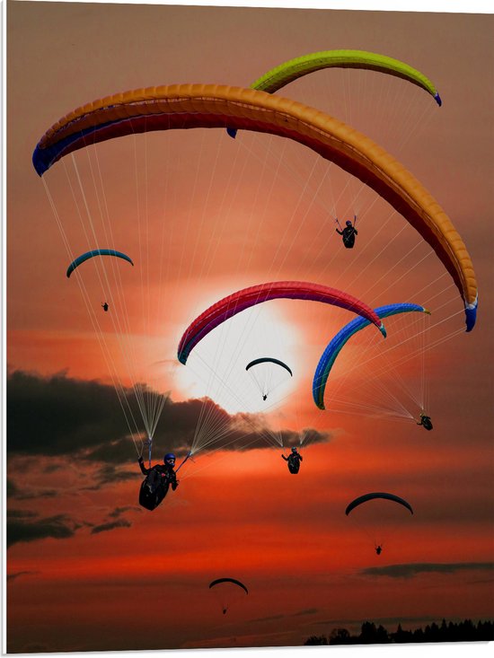 PVC Schuimplaat - Grote Groep Paragliders tijdens Roodkleurige Zonsondergang - 60x80 cm Foto op PVC Schuimplaat (Met Ophangsysteem)