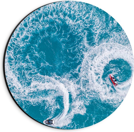 Dibond Muurcirkel - Bovenaanzicht van Stuntende Jetski's op Golven van de Zee - 20x20 cm Foto op Aluminium Muurcirkel (met ophangsysteem)