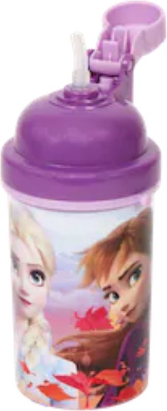 Flip Top Drinkbeker Bidon Frozen met rietje en handige 2 Go Koord - Paars - Kunststof - 400 ml - Waterfles - Fles - Bidon - Anna - Elsa