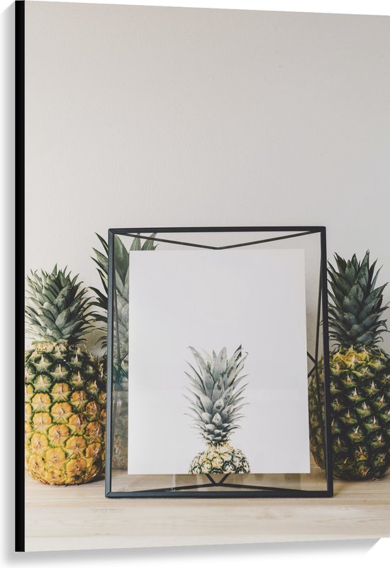 Canvas - Lijst met Ananas en Ananassen ernaast - 80x120 cm Foto op Canvas Schilderij (Wanddecoratie op Canvas)