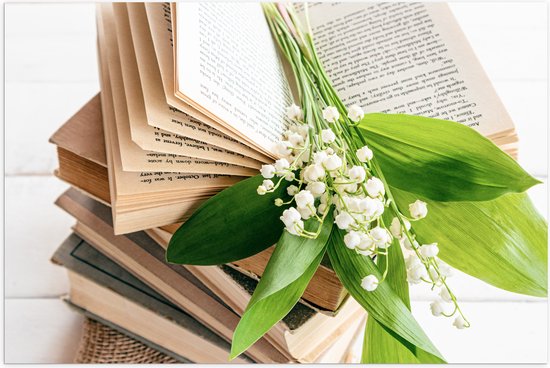 Poster Glanzend – Boeket Kleine Witte Bloemen Liggend op Stapel Boeken - 90x60 cm Foto op Posterpapier met Glanzende Afwerking