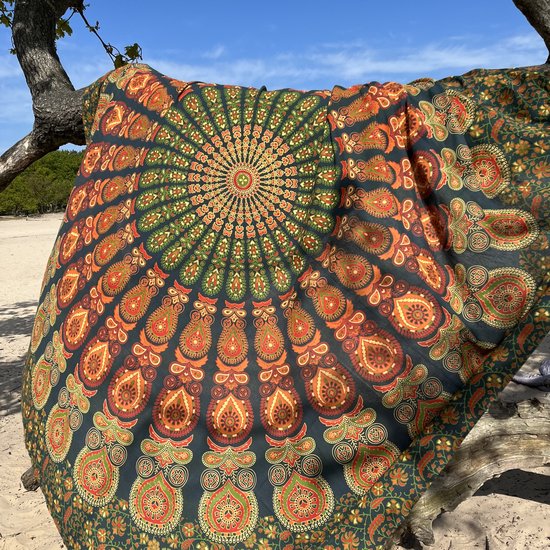 XL groot strandlaken - Dun textiel -  100% duurzaam katoen - Groen/oranje - strandkleed - Lindian style