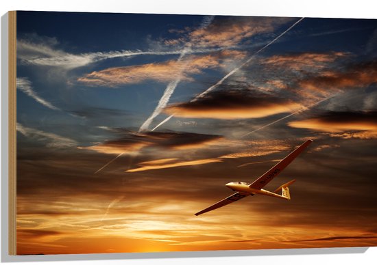 Hout - Wit Zweefvliegtuig Vliegend tijdens Zonsondergang - 90x60 cm - 9 mm dik - Foto op Hout (Met Ophangsysteem)