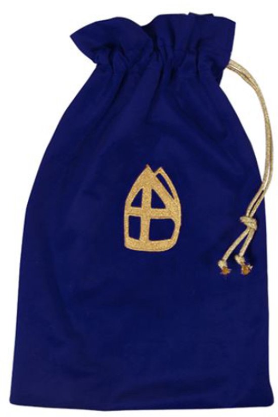 Koningsblauwe fluwelen zak met gouden logoborduursel, met trekkoord.