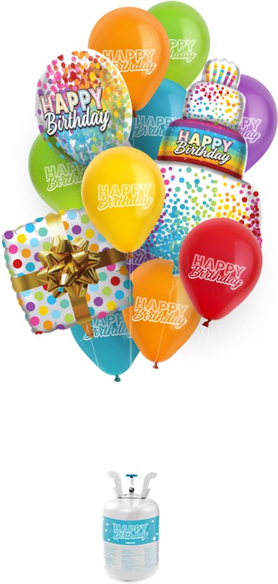 BalloonGaz Helium Tank - 'Happy Birthday' met Ballonnen en Lint - heliumtank voor ballonnen - helium - heliumpomp voor ballonnen - gastank ballonnen - heliumtanks - heliumballonnen verjaardag
