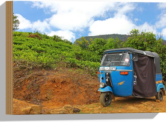 Hout - Blauwe Tuktuk Geparkeerd voor Heuvel - 40x30 cm - 9 mm dik - Foto op Hout (Met Ophangsysteem)