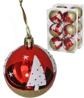 Gerim gedecoreerde kerstballen- 12x - 6 cm - kunststof -rood met kerstboom