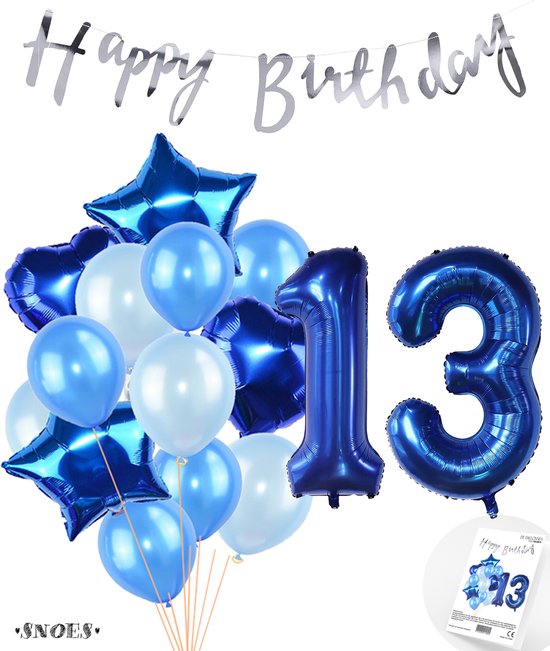 Snoes Ballonnen 13 Jaar Feestpakket – Versiering – Verjaardag Set Mason Blauw Cijferballon 13 Jaar - Heliumballon