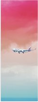 Poster (Mat) - Wit Passagiersvliegtuig Vliegend in Rozekleurige Lucht - 20x60 cm Foto op Posterpapier met een Matte look