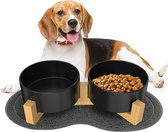Dubbele 850ml hondenkom keramische voerbak hond verhoogde voerbak met bamboe standaard en antislipmat voor middelgrote en grote honden voer- en waterbak (zwart)