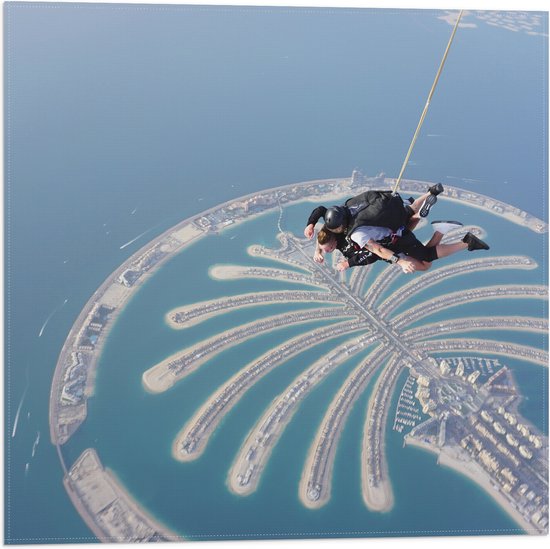 Vlag - Parachutespringer boven de Palm van Dubai - 50x50 cm Foto op Polyester Vlag