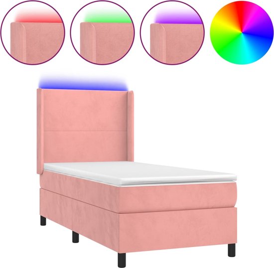 vidaXL-Boxspring-met-matras-en-LED-fluweel-roze-100x200-cm
