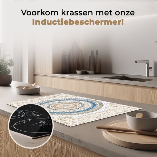 KitchenYeah® Inductie beschermer 81.6x52.7 cm - Mandala - Blauw - Bohemian - Wit - Design - Kookplaataccessoires - Afdekplaat voor kookplaat - Inductiebeschermer - Inductiemat - Inductieplaat mat