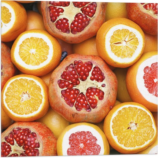 Vlag - Achtergrond van Bloedsinasappels, Sinaasppels en granaatappel - 50x50 cm Foto op Polyester Vlag