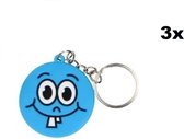 3x Sleutelhanger emoji blauw - Smiley 4cm - Sleutel hanger emoticon uitdeel themafeest verjaardag emoji fun