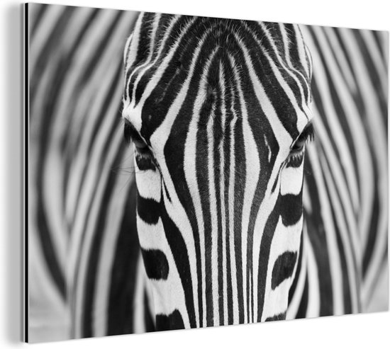 Wanddecoratie Metaal - Aluminium Schilderij Industrieel - Zebra - Dieren - Zwart wit - Portret - 120x80 cm - Dibond - Foto op aluminium - Industriële muurdecoratie - Voor de woonkamer/slaapkamer