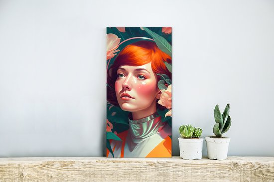 Wanddecoratie Metaal - Aluminium Schilderij Industrieel - Portret - Vrouw - Bloemen - Roze - Botanisch - 20x40 cm - Dibond - Foto op aluminium - Industriële muurdecoratie - Voor de woonkamer/slaapkamer