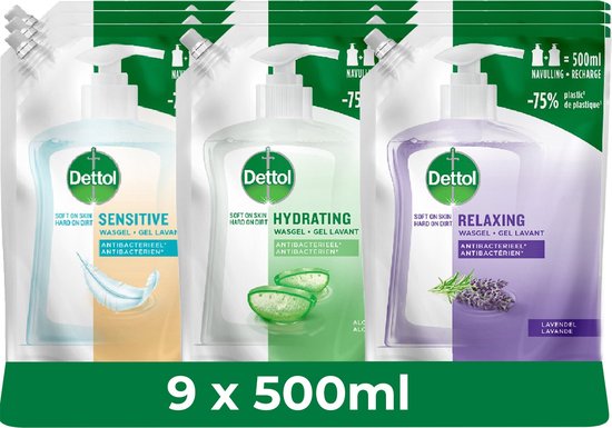 Dettol - Handzeep - Antibacterieel - 4,5L - 3x 500ML Navulling Hydrating Aloe Vera - 3x500ML Navulling Sensitive - 3x500ML Navulling Relaxing Lavender - met 75% minder Plastic - Voordeelverpakking