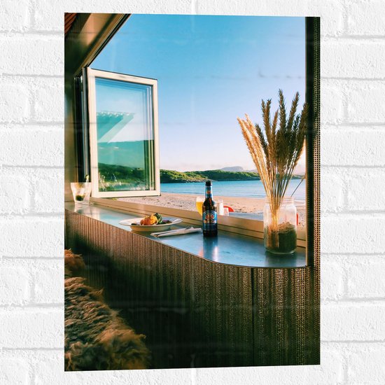 Muursticker - Strand - Zee - Uitzicht - Ramen - Eten - Drinken - Kleuren - Planten - 40x60 cm Foto op Muursticker