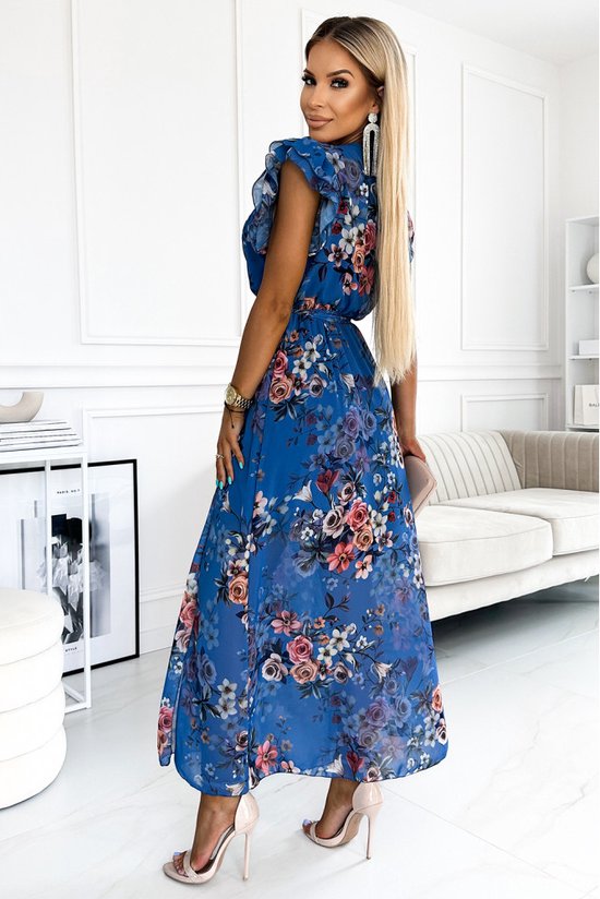 ARIA Lange jurk met halslijn en korte mouwen BLAUW met bloemen bol