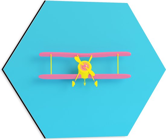Dibond Hexagon - Vooraanzicht van Roze met Geel Zweefvliegtuig op Felblauwe Achtergrond - 40x34.8 cm Foto op Hexagon (Met Ophangsysteem)