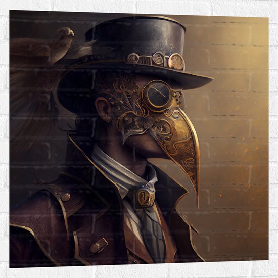 Muursticker - Zijaanzicht van Man met Zwarte Hoed en Goud Masker - 80x80 cm Foto op Muursticker