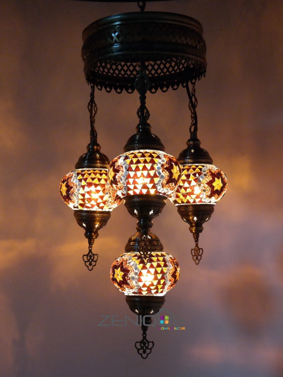 Turkse Lamp - Hanglamp - Mozaïek Lamp - Marokkaanse Lamp - Oosters Lamp - ZENIQUE - Authentiek - Handgemaakt - Kroonluchter - Bruin - 4 bollen