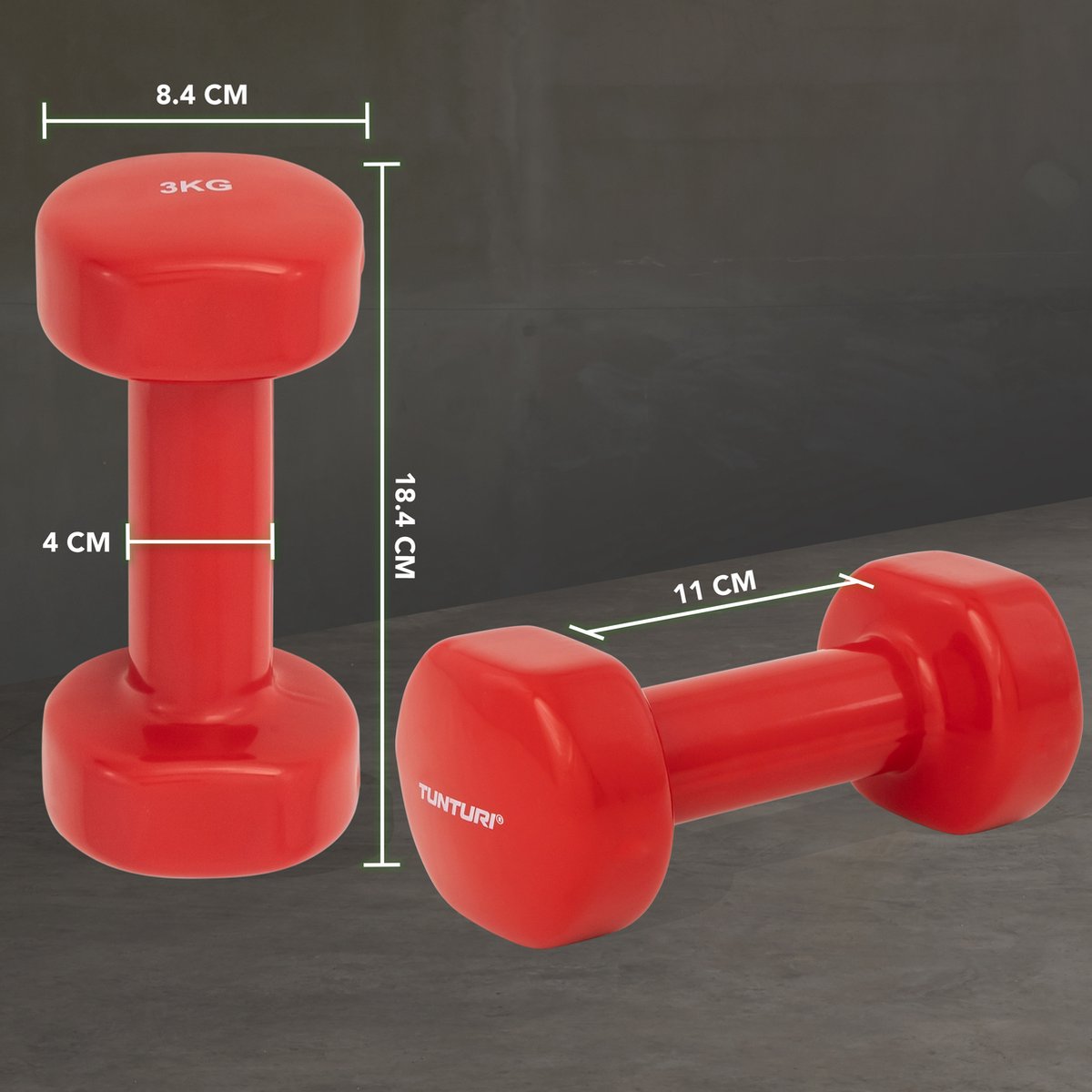 Tunturi Dumbbell set - 2 x 3,0 kg - Vinyl - Rood - Incl. gratis fitness app – foto 3