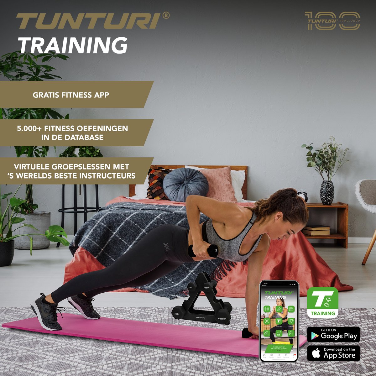 Tunturi Gewichten Centuri - Halterset - Dumbbell Set - Neopreen Dummbbells - 1 t/m 3kg - 3 Paar - Incl. gratis fitness app — afbeelding 2