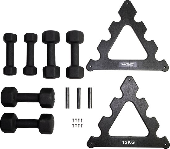 Zwarte Tunturi halterset met 4 paar dumbbells en 2 rekjes.