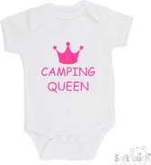 100% Katoenen Romper "Camping Queen" Meisjes Katoen Wit/roze Maat 56/62