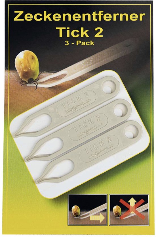 Verpakking van de Tick 2 tekenverwijderaar met 3 plastic tangen, instructies.