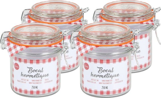 Quatre bocaux en verre à carreaux rouge et blanc, joints orange et fermetures à levier.