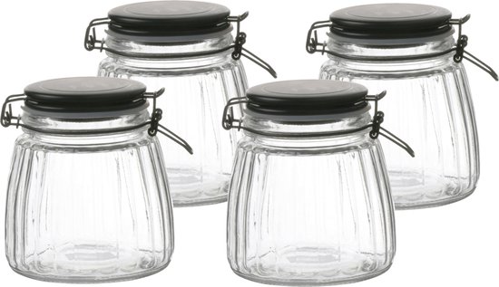 Quatre bocaux en verre avec côtes verticales et fermeture à levier noire.