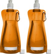 Waterfles/drinkfles/sportbidon opvouwbaar - 2x - oranje - kunststof - 420 ml - schroefdop - karabijnhaak