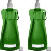 Waterfles/drinkfles/sportbidon opvouwbaar - 2x - groen - kunststof - 420 ml - schroefdop - karabijnhaak