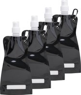 Waterfles/drinkfles/sportbidon opvouwbaar - 4x - zwart - kunststof - 420 ml - schroefdop - karabijnhaak