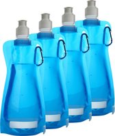 Waterfles/drinkfles/sportbidon opvouwbaar - 4x - lichtblauw - kunststof - 420 ml - schroefdop - karabijnhaak