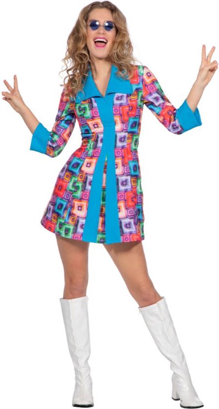 Wilbers & Wilbers - Hippie Kostuum - Seventies Block Party Particia - Vrouw - Blauw, Multicolor - Maat 36 - Carnavalskleding - Verkleedkleding