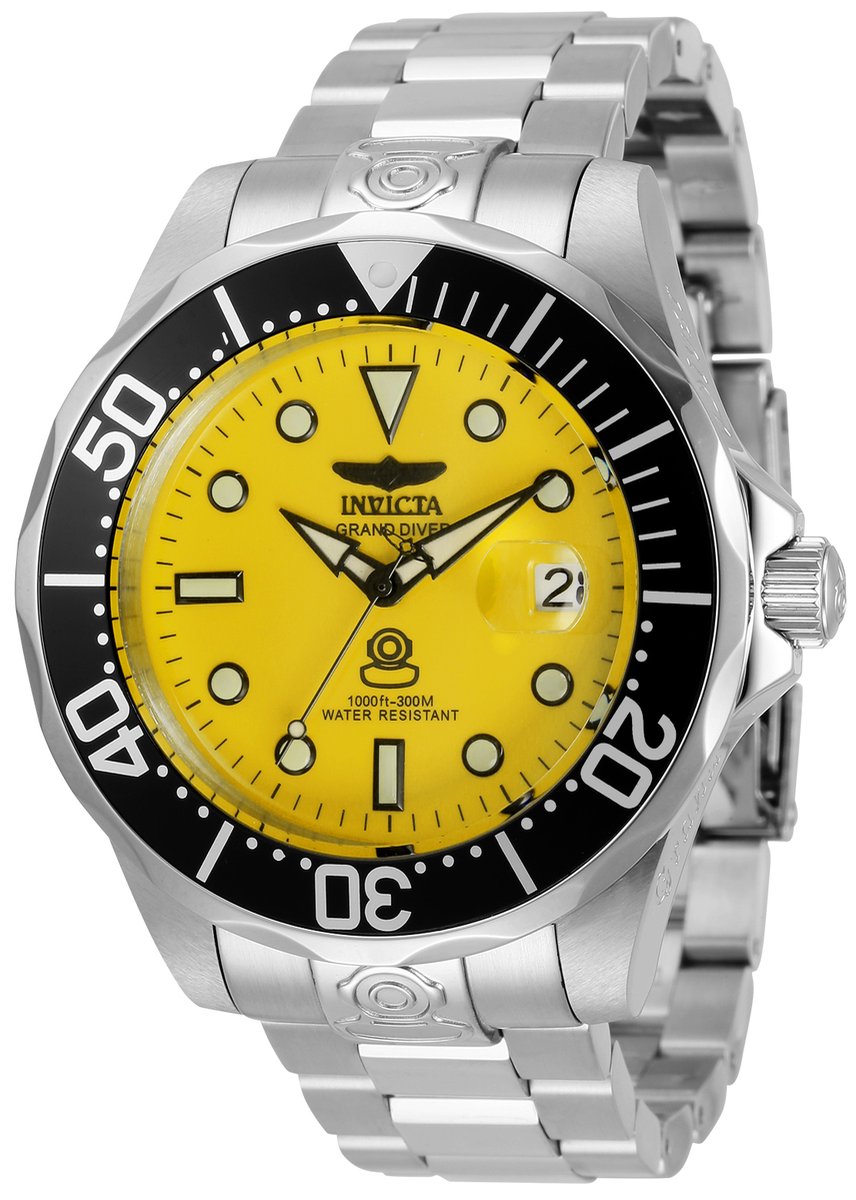 Invicta Grand Diver 3048 Heren Horloge - Waterdicht - Analoog - Automatisch Uurwerk - Roestvrij Staal met Gele Wijzerplaat - 47mm